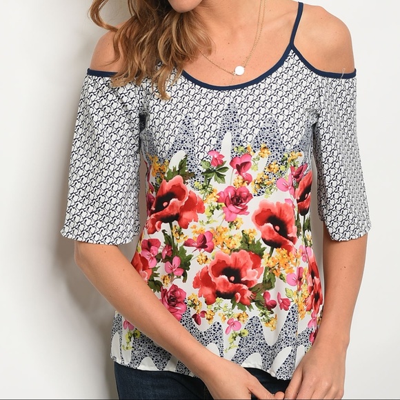3 for $30 • Navy and Floral Cold Shoulder Blouse - Picture 2 of 8